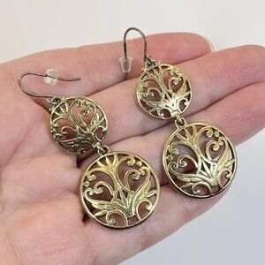 Vintage Dangle Earrings: Gold Tone, Boho, Filagree 2" Long, Pierced